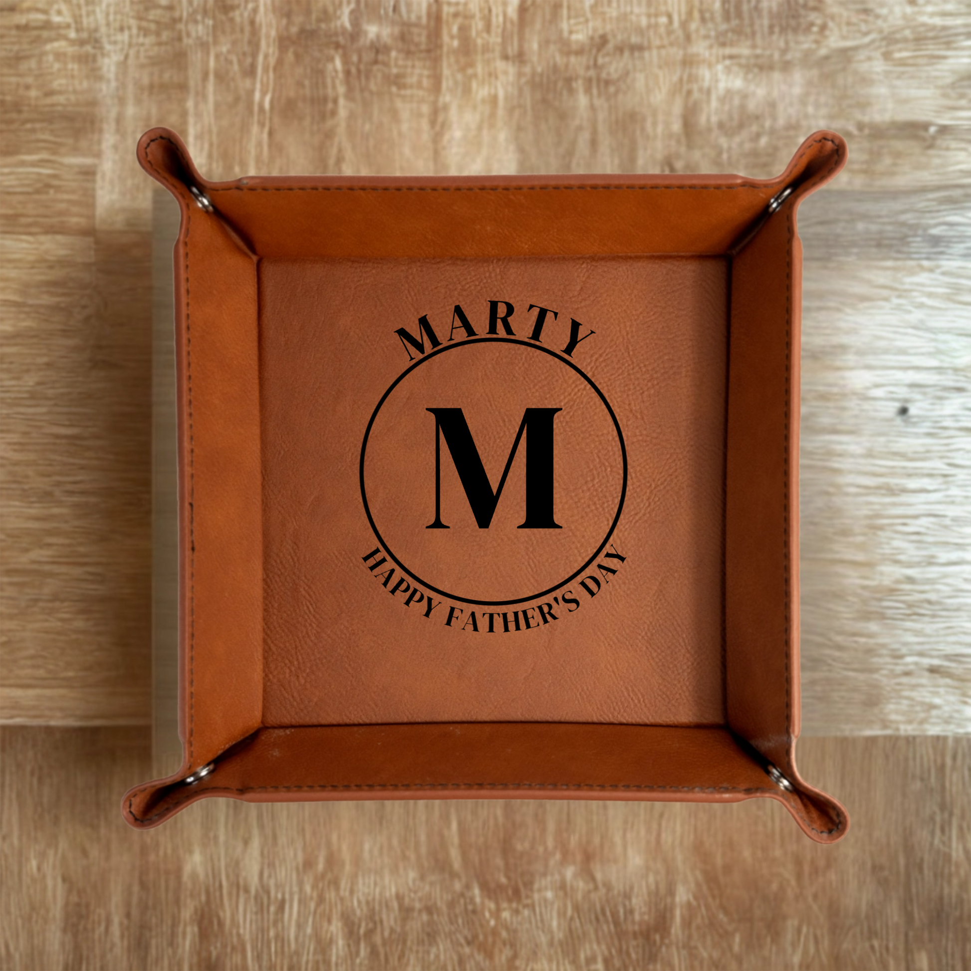 Engraved catchall tray monogram detail - housewarming gift
