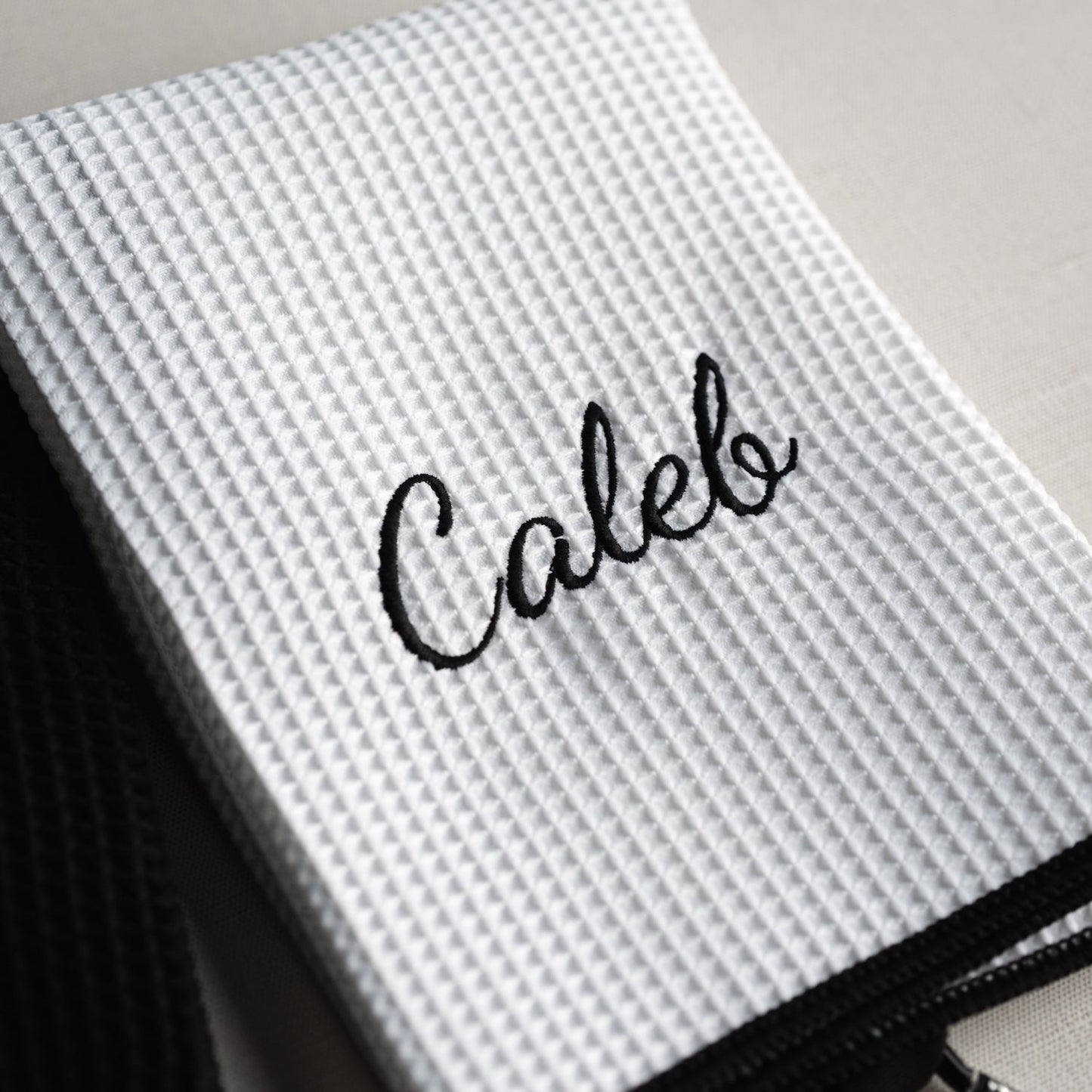 White embroidered golf towel - best man golf gift