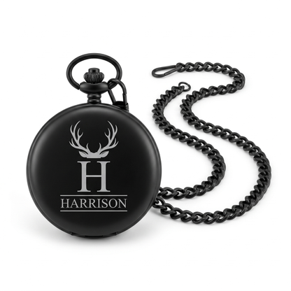 Custom engraved black pocket watch with antlers design and engraved name for groomsman gift