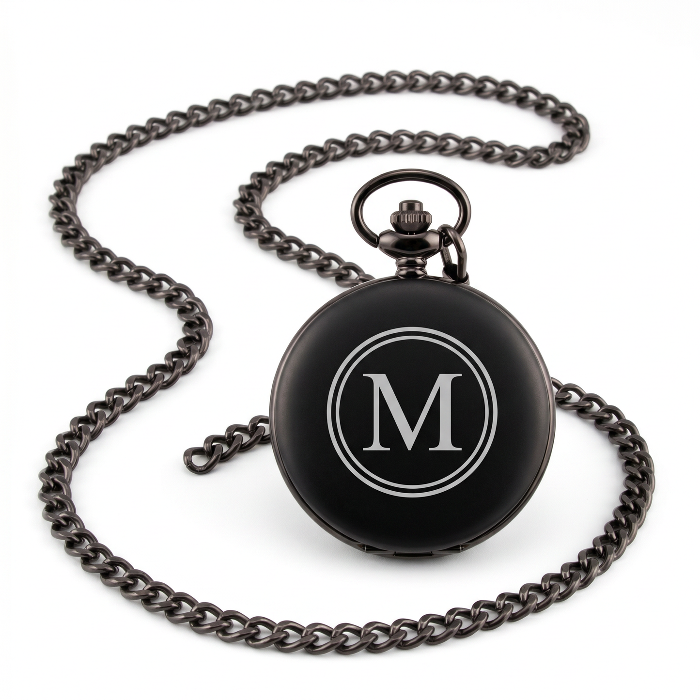 Custom engraved black pocket watch with circle monogram initial and matching chain