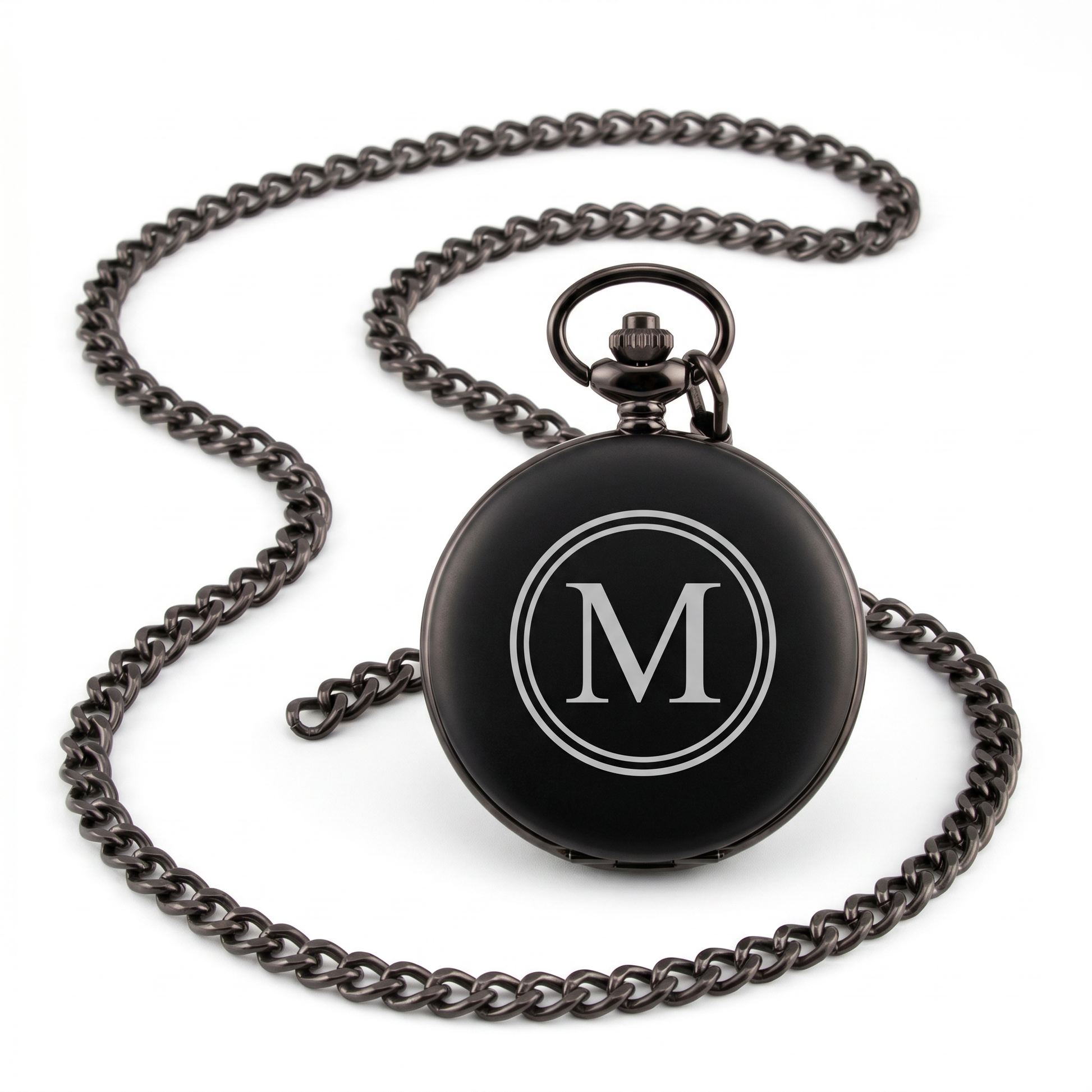 Custom engraved black pocket watch with circle monogram initial and matching chain