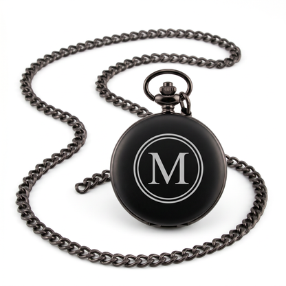 Custom engraved black pocket watch with circle monogram initial and matching chain