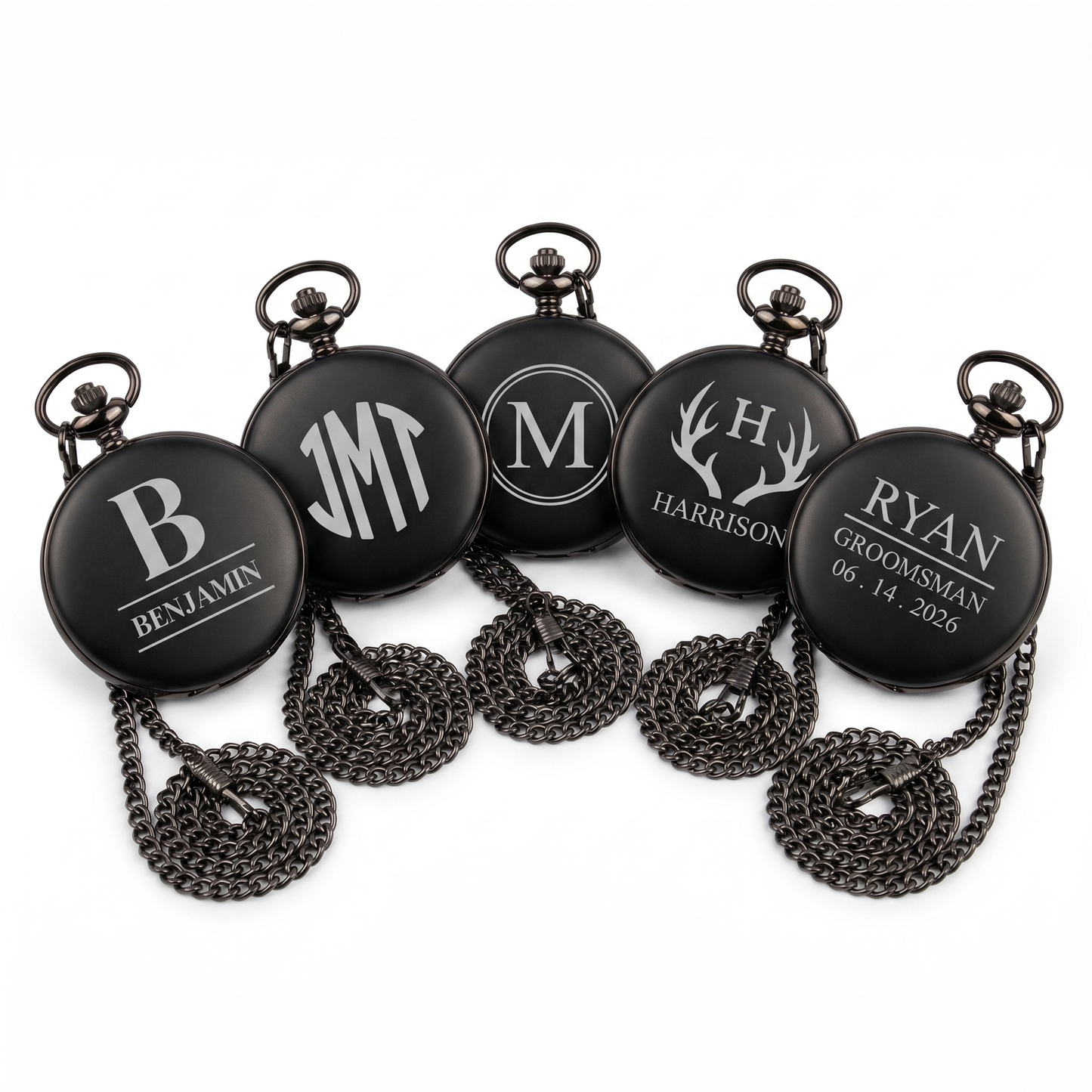 Five custom engraved black pocket watches with different monogram and name designs for groomsmen