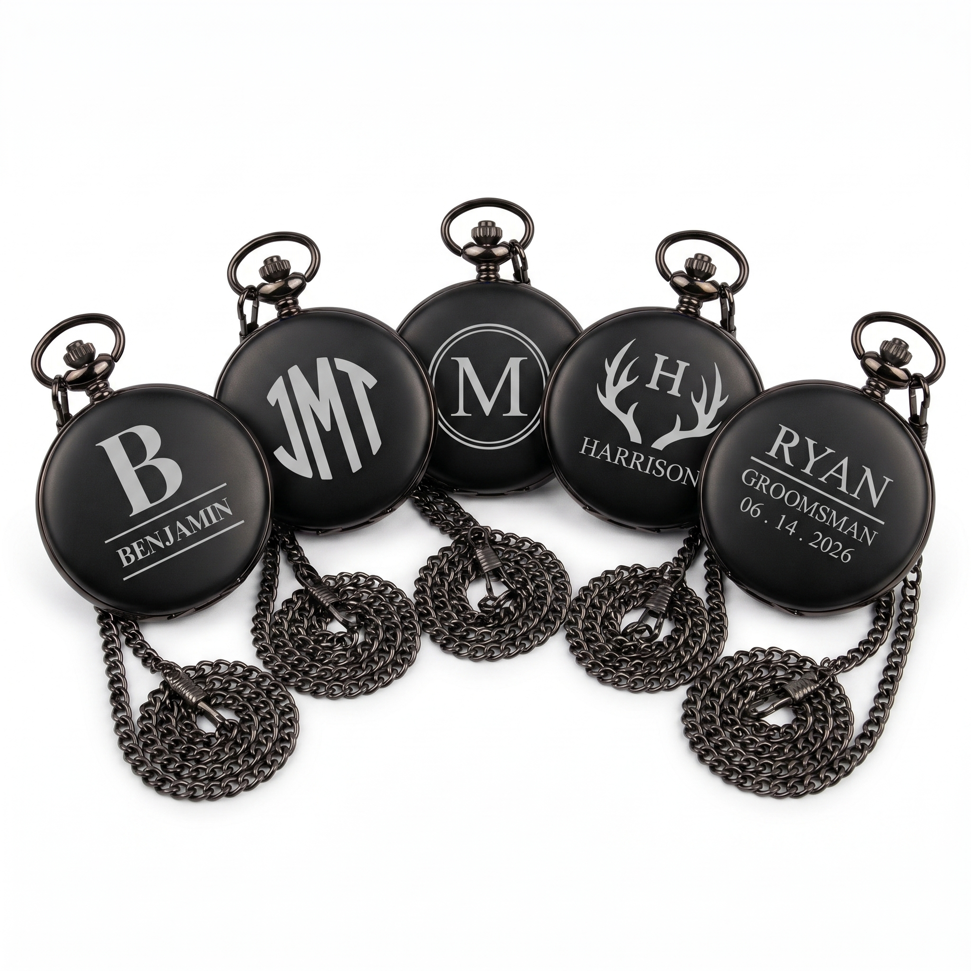 Five custom engraved black pocket watches with different monogram and name designs for groomsmen