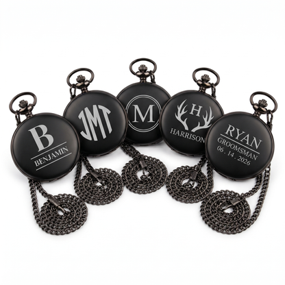 Five custom engraved black pocket watches with different monogram and name designs for groomsmen