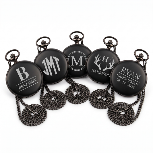 Five custom engraved black pocket watches with different monogram and name designs for groomsmen