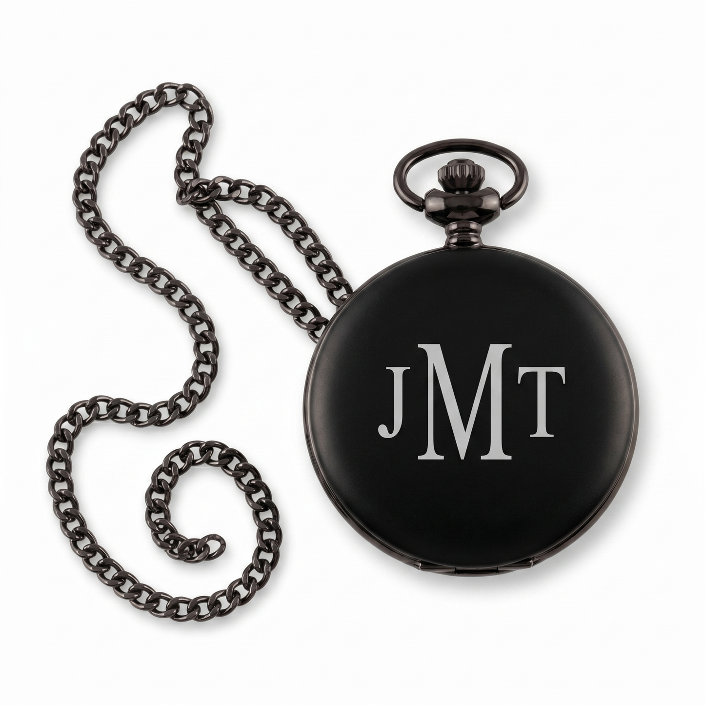 Custom engraved black pocket watch with three-initial monogram and matching chain