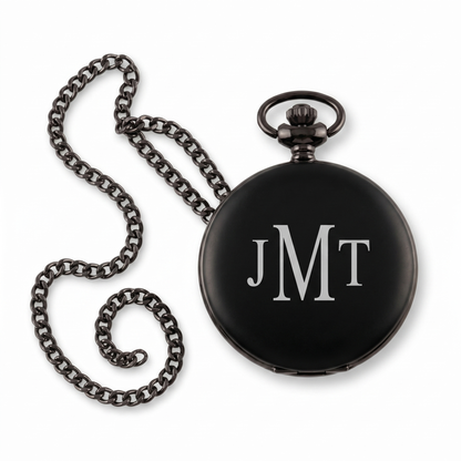 Custom engraved black pocket watch with three-initial monogram and matching chain