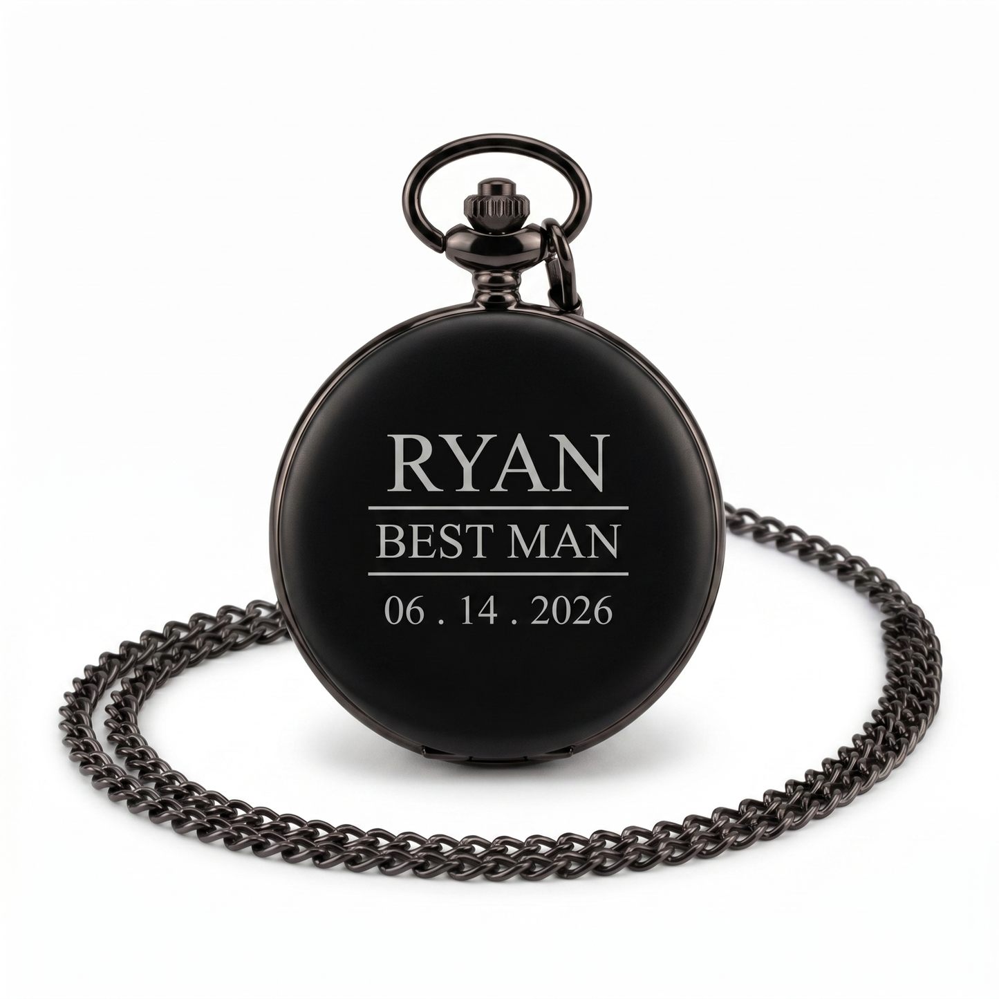 Custom engraved black pocket watch engraved with name, role and wedding date for best man gift