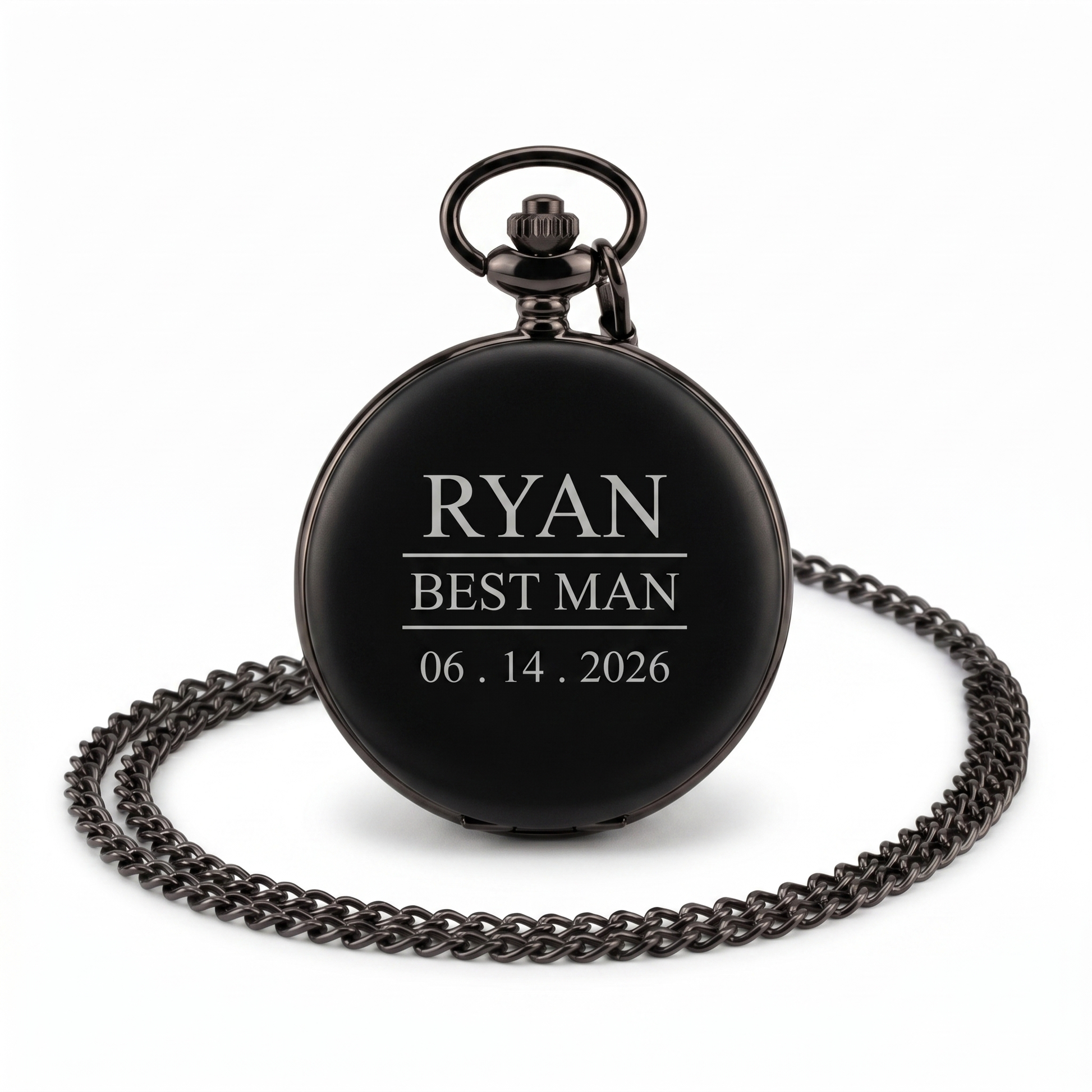 Custom engraved black pocket watch engraved with name, role and wedding date for best man gift
