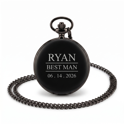 Custom engraved black pocket watch engraved with name, role and wedding date for best man gift