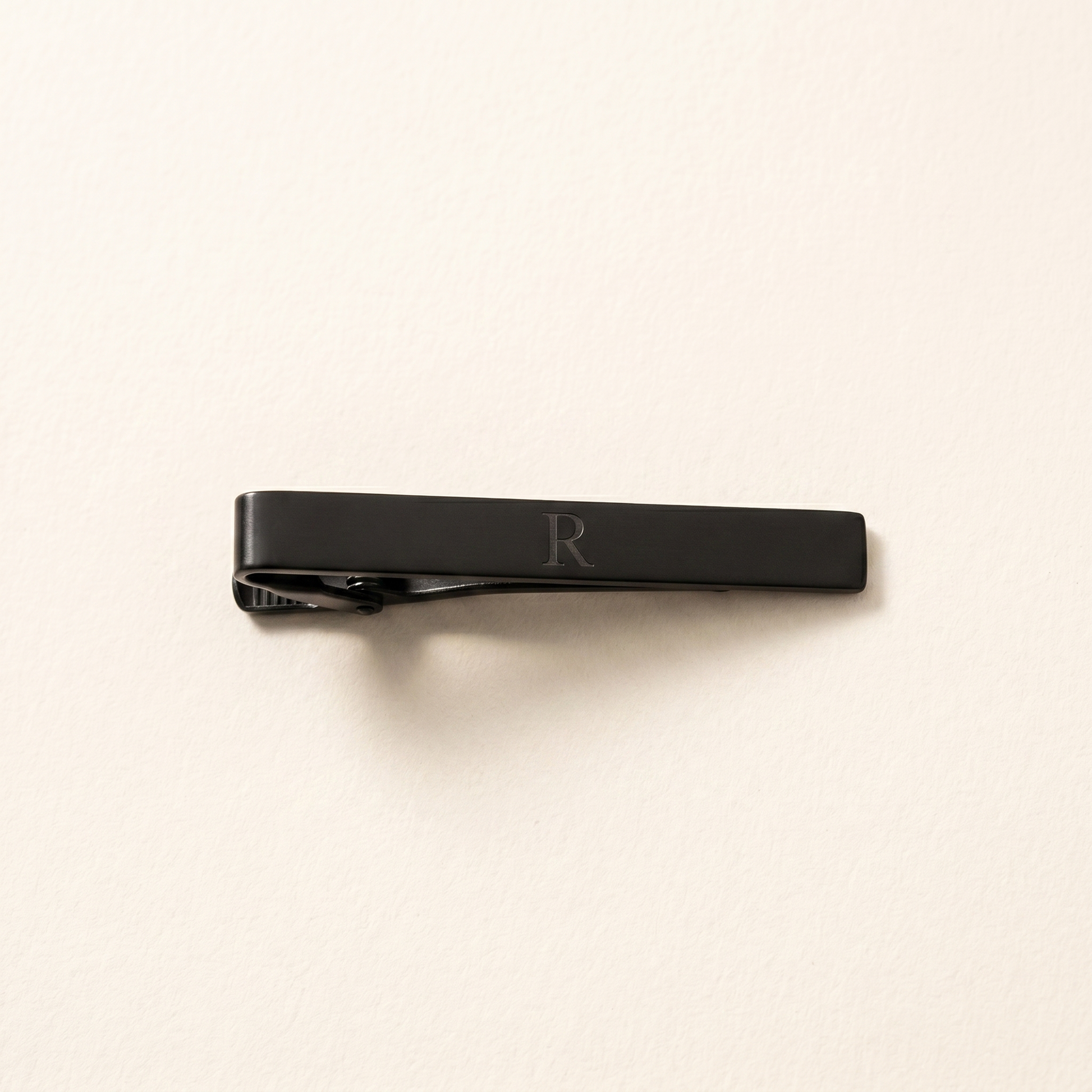 Custom engraved black tie clip with R monogram - personalized groomsmen gift