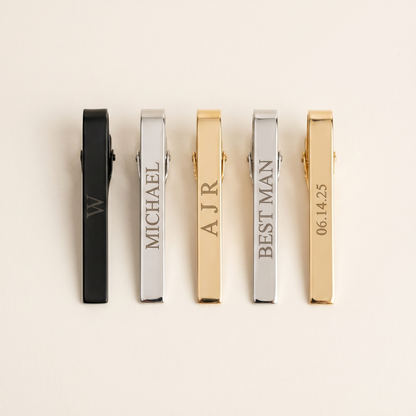 Custom engraved tie clips in black, silver and gold with monogram, name and date designs