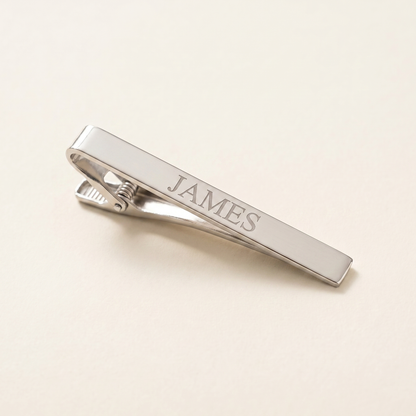 Custom engraved silver tie clip personalized with the name James - wedding party gift