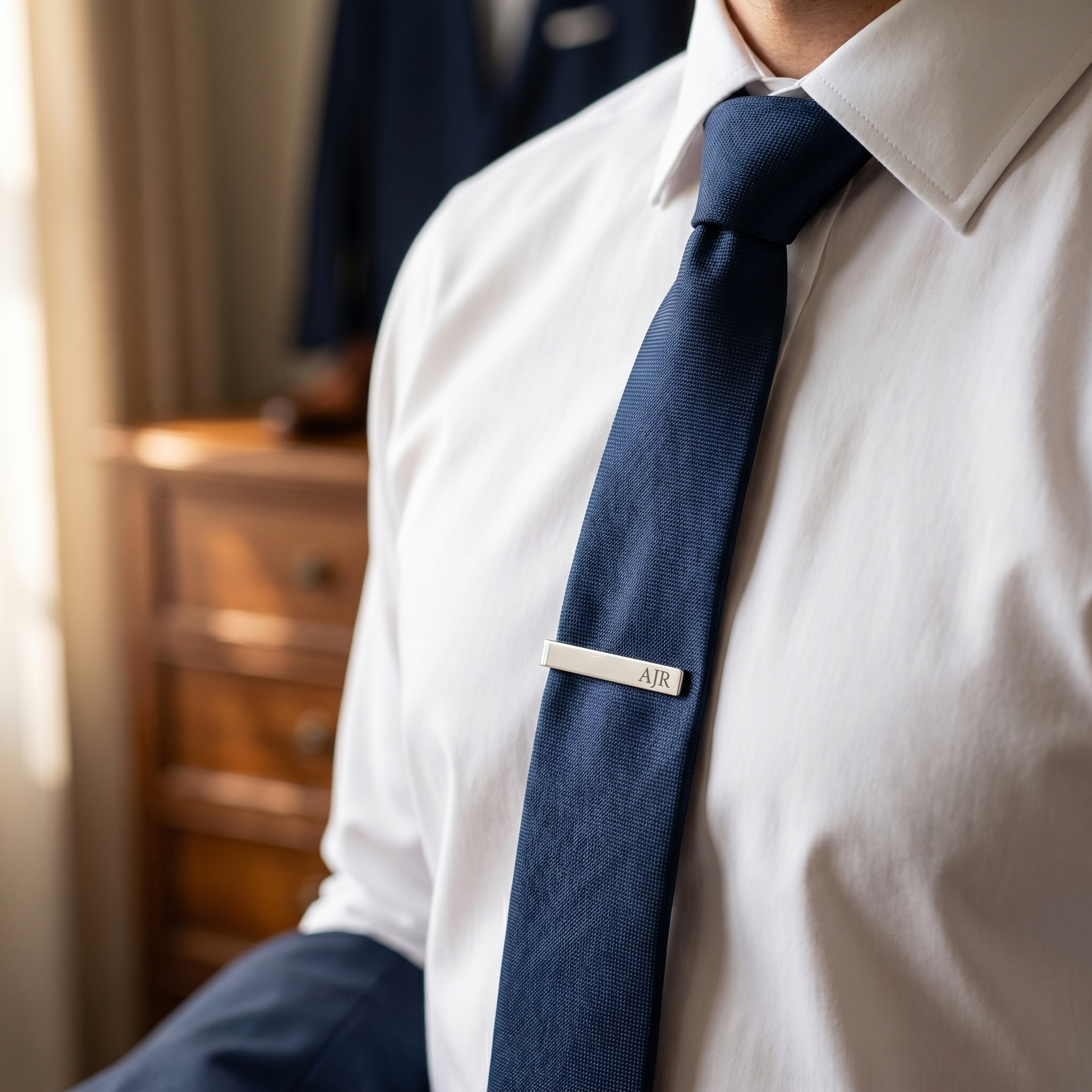 Personalized silver tie clip worn on a navy tie - groomsman wedding accessory