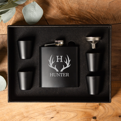 Black flask and shot glass set engraved - best man gift