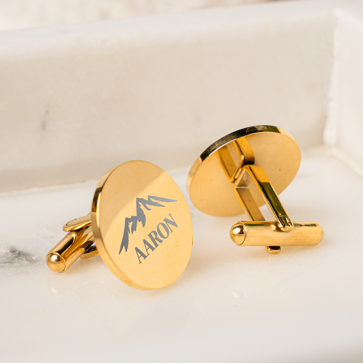 Personalized Round Gold Circle Cufflinks engraved with initials