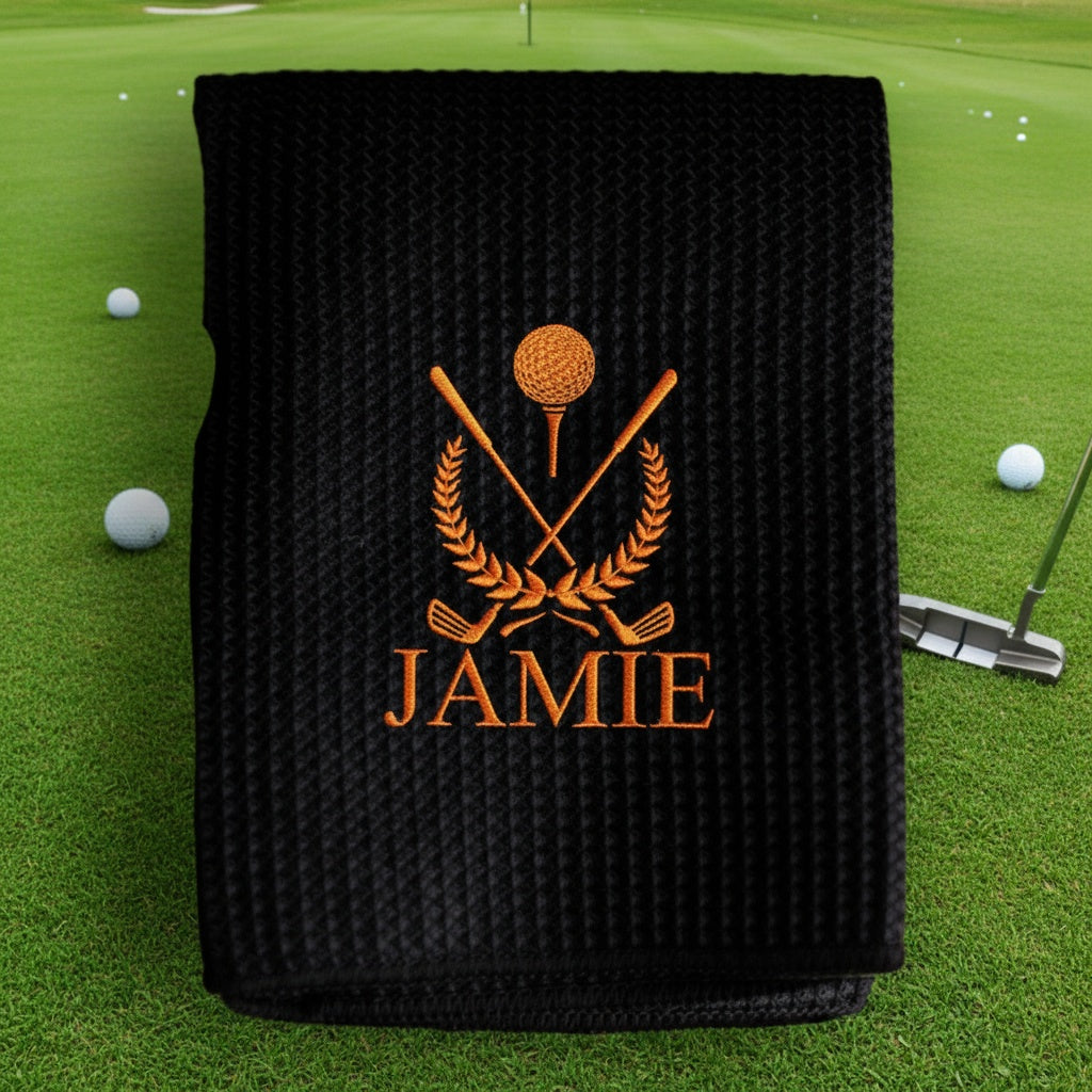 Custom embroidered golf towel detail - Father's Day gift