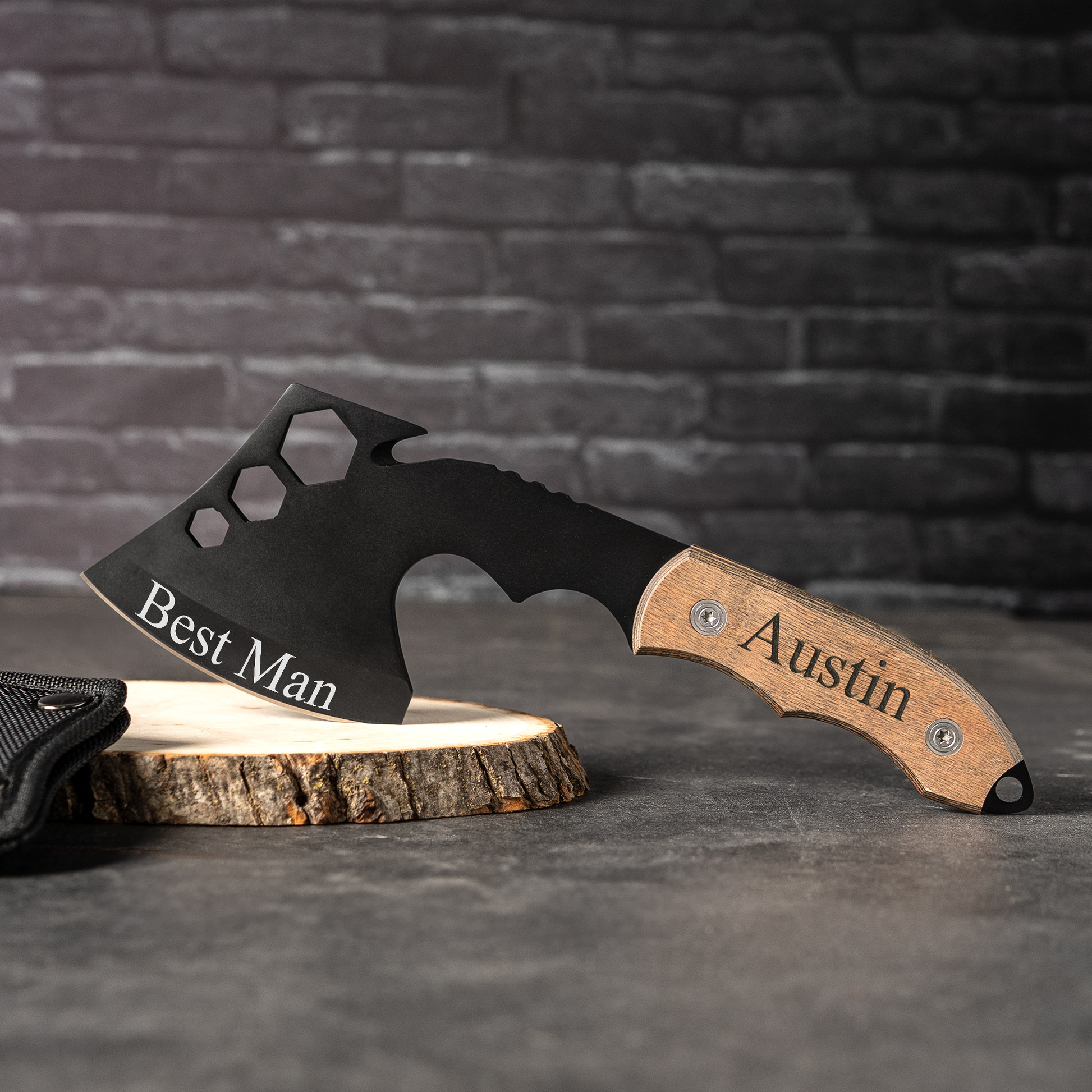 Engraved steel hatchet with wooden handle best man gift