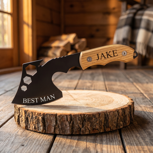 Personalized custom hatchet engraved with "Best Man" on the blade and "Jake" on the wood handle, displayed on a wood round chopping block inside a rustic cabin with firewood and warm window light