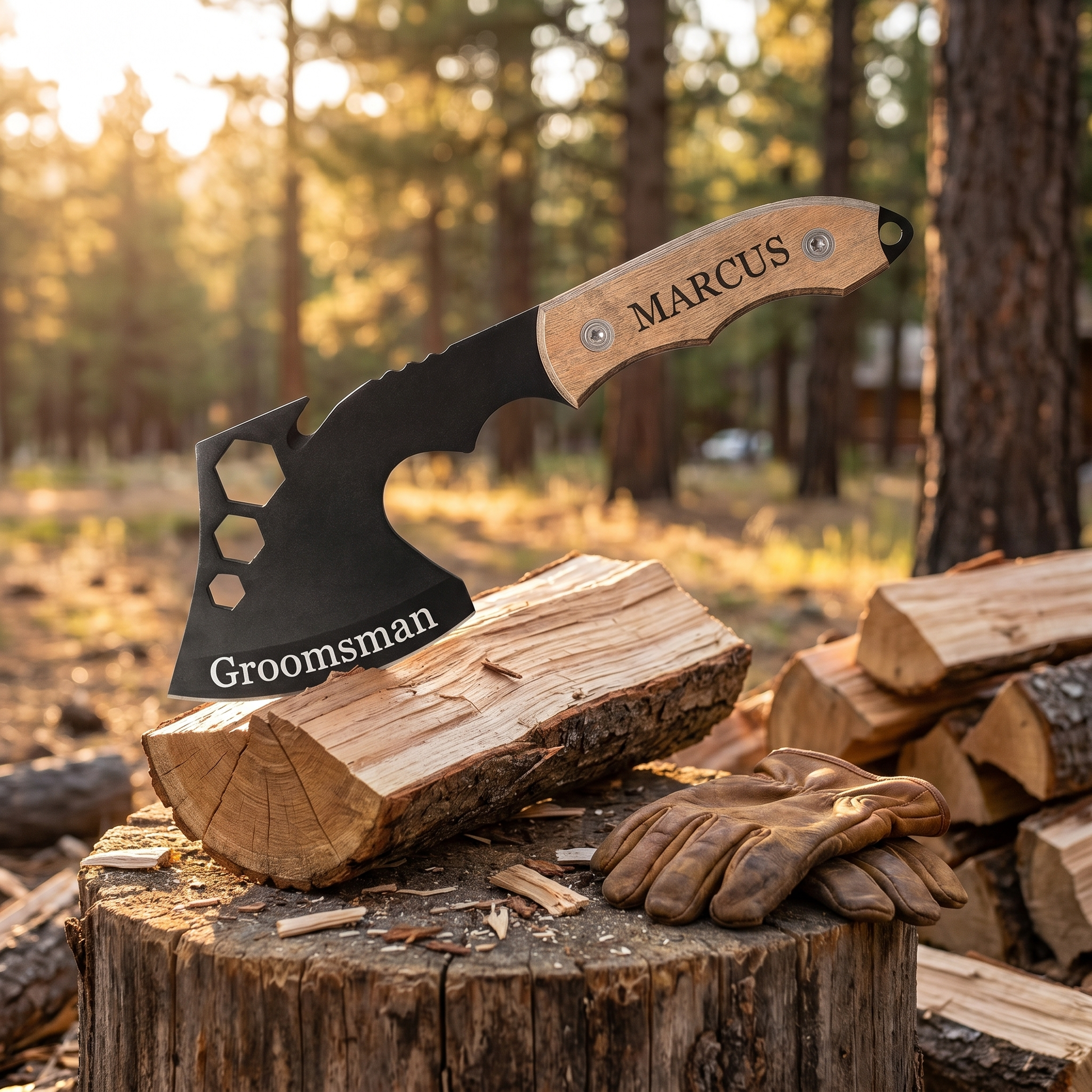 Personalized custom hatchet engraved "Groomsman" with the name "Marcus" on the handle, buried in a split log on an outdoor chopping stump beside leather work gloves and a pine-tree backdrop