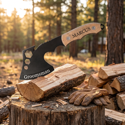 Personalized custom hatchet engraved "Groomsman" with the name "Marcus" on the handle, buried in a split log on an outdoor chopping stump beside leather work gloves and a pine-tree backdrop
