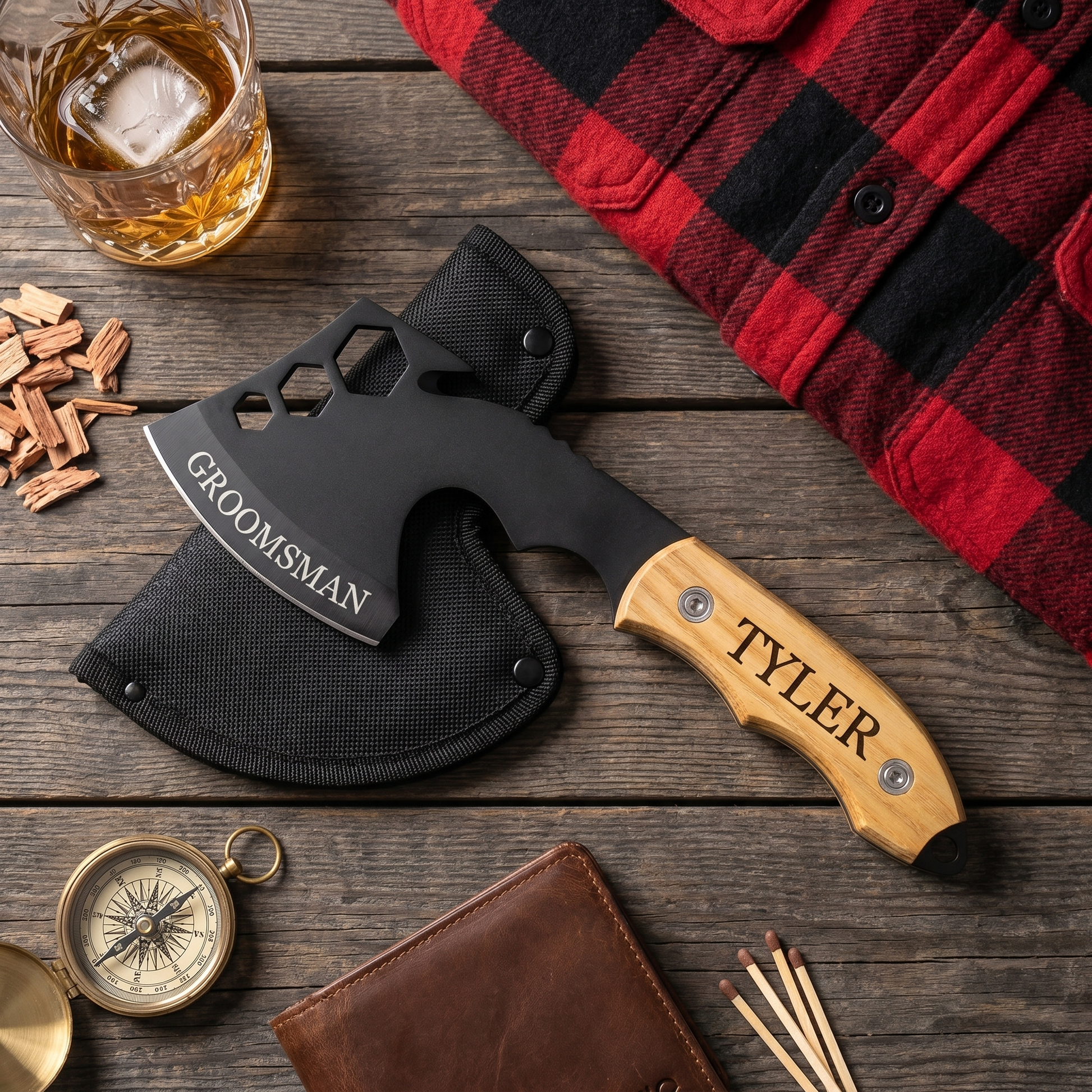 Overhead flatlay of personalized custom hatchet engraved "Groomsman / Tyler" styled with a black nylon sheath, red plaid flannel, whiskey glass, brass compass, leather wallet, and wooden matches on a weathered wood plank surface