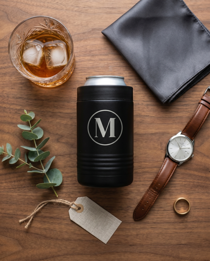 Personalized black stainless steel insulated can cooler flat lay with bourbon, leather watch and eucalyptus