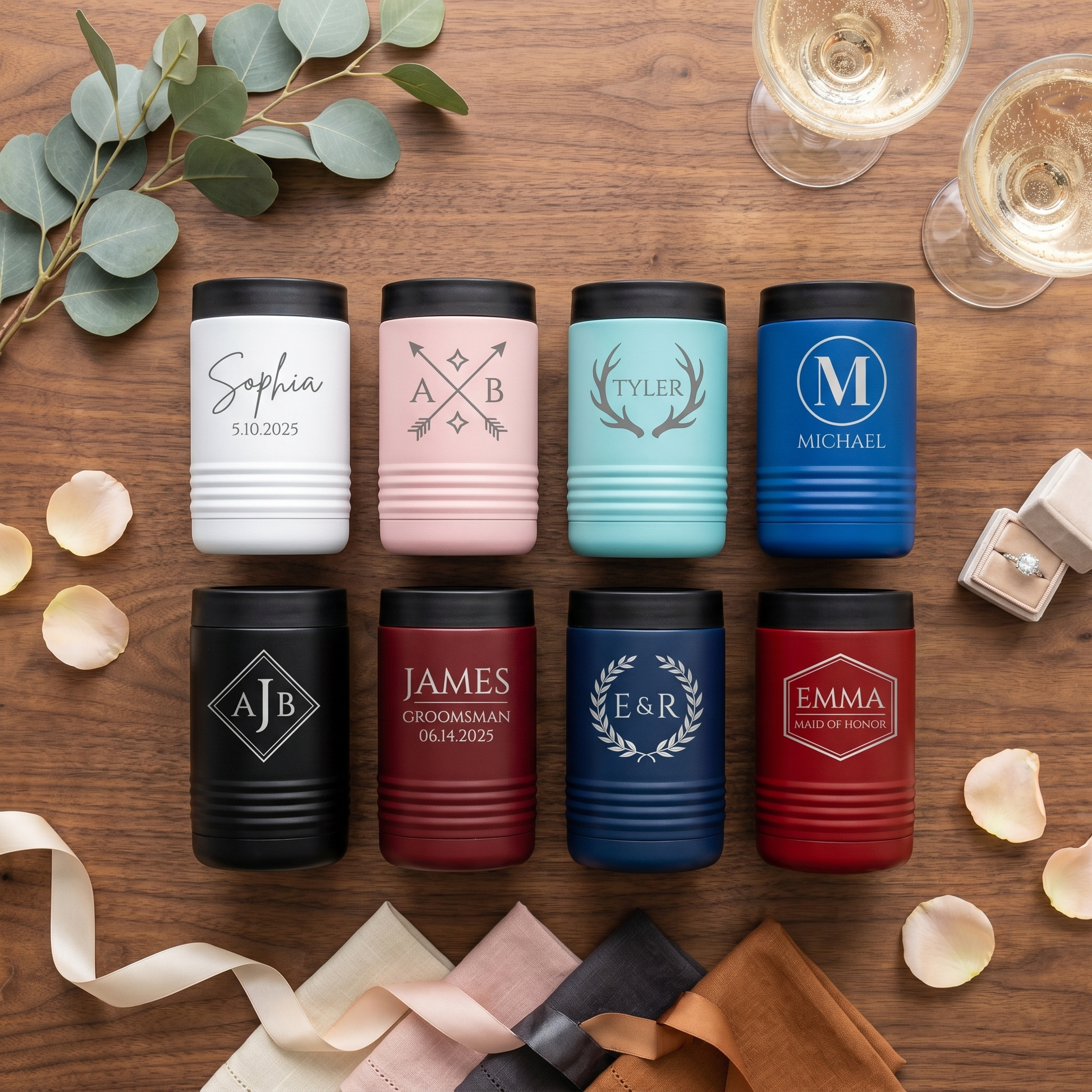 Eight personalized stainless steel insulated can coolers in all colors with eight different engraving designs — wedding party lineup