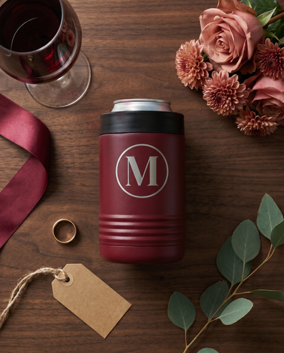Personalized maroon stainless steel insulated can cooler flat lay with red wine and burgundy florals