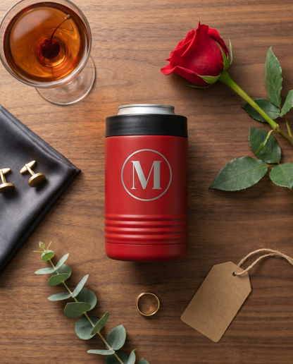 Personalized red stainless steel insulated can cooler flat lay with Manhattan cocktail and red rose
