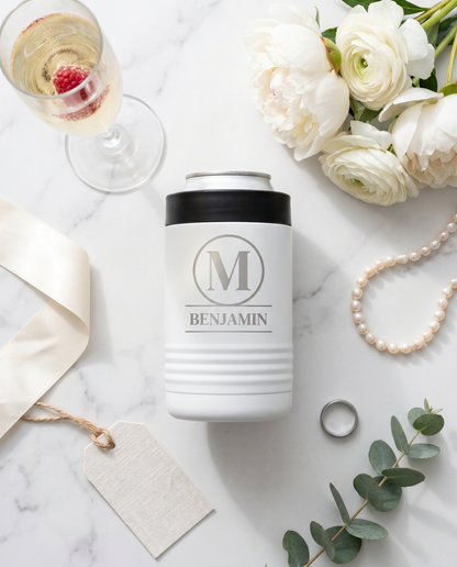 Personalized white stainless steel insulated can cooler flat lay with champagne, peonies and pearls