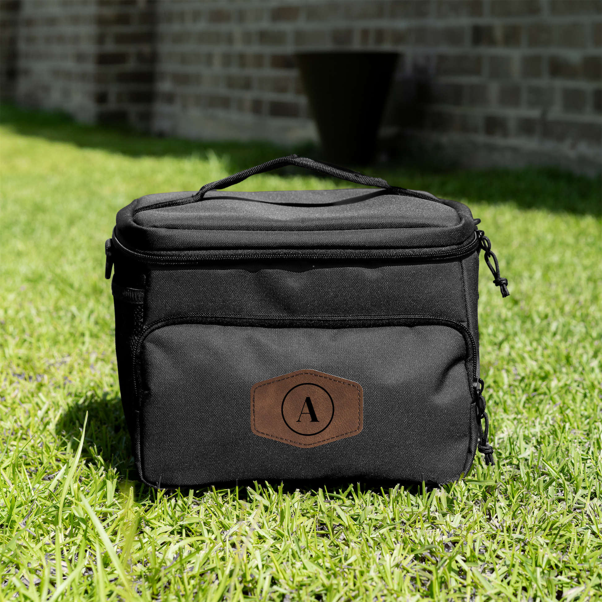 Custom insulated travel cooler with engraved leather patch personalized groomsmen gift