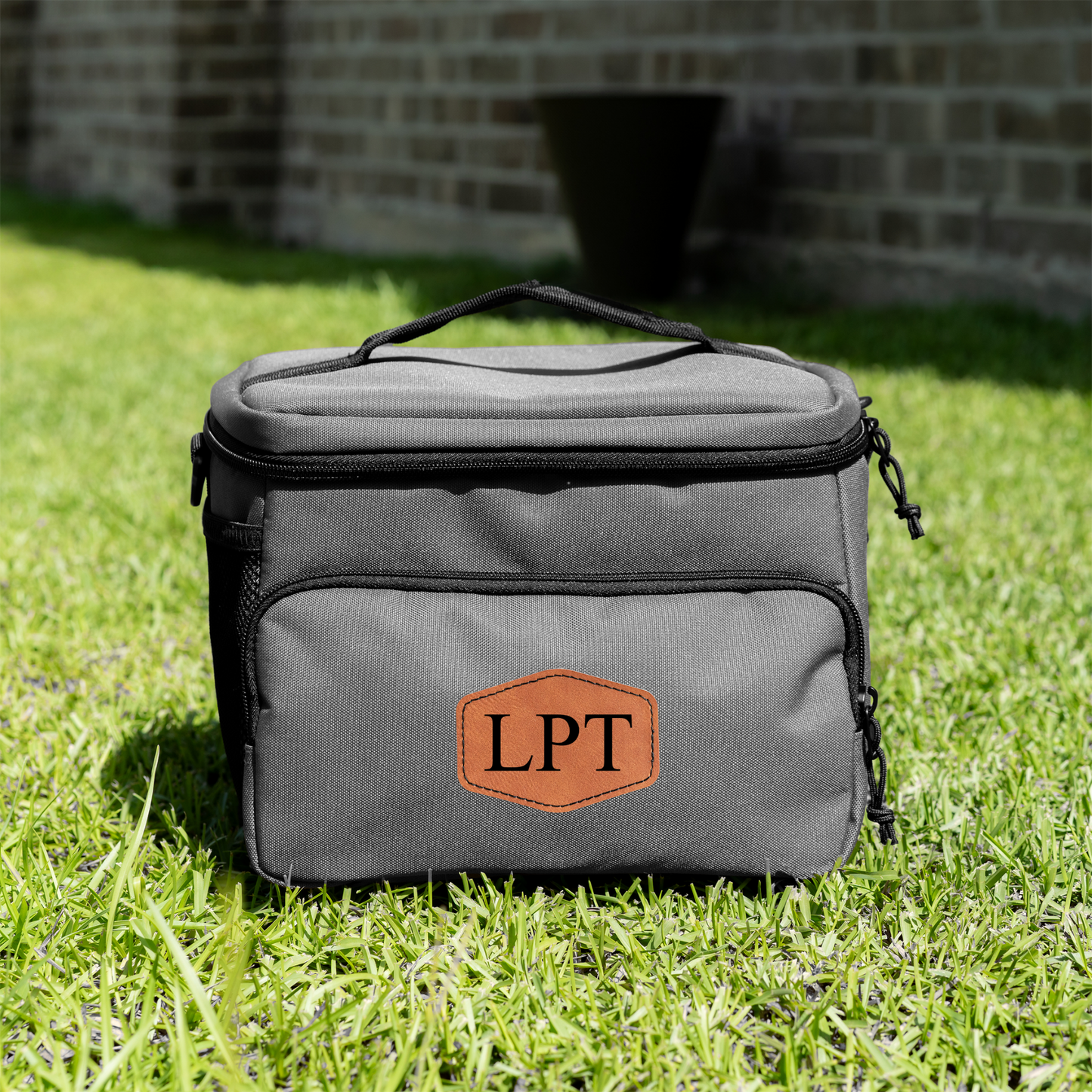 Personalized travel cooler with leather patch and shoulder strap groomsmen gift