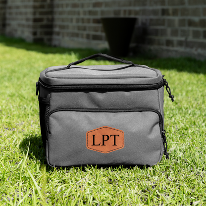 Personalized travel cooler with leather patch and shoulder strap groomsmen gift