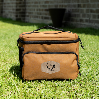 Engraved leather patch detail on custom insulated travel cooler for groomsmen