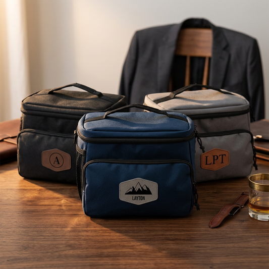 Custom Insulated Travel Cooler with leather patch - personalized groomsmen gift