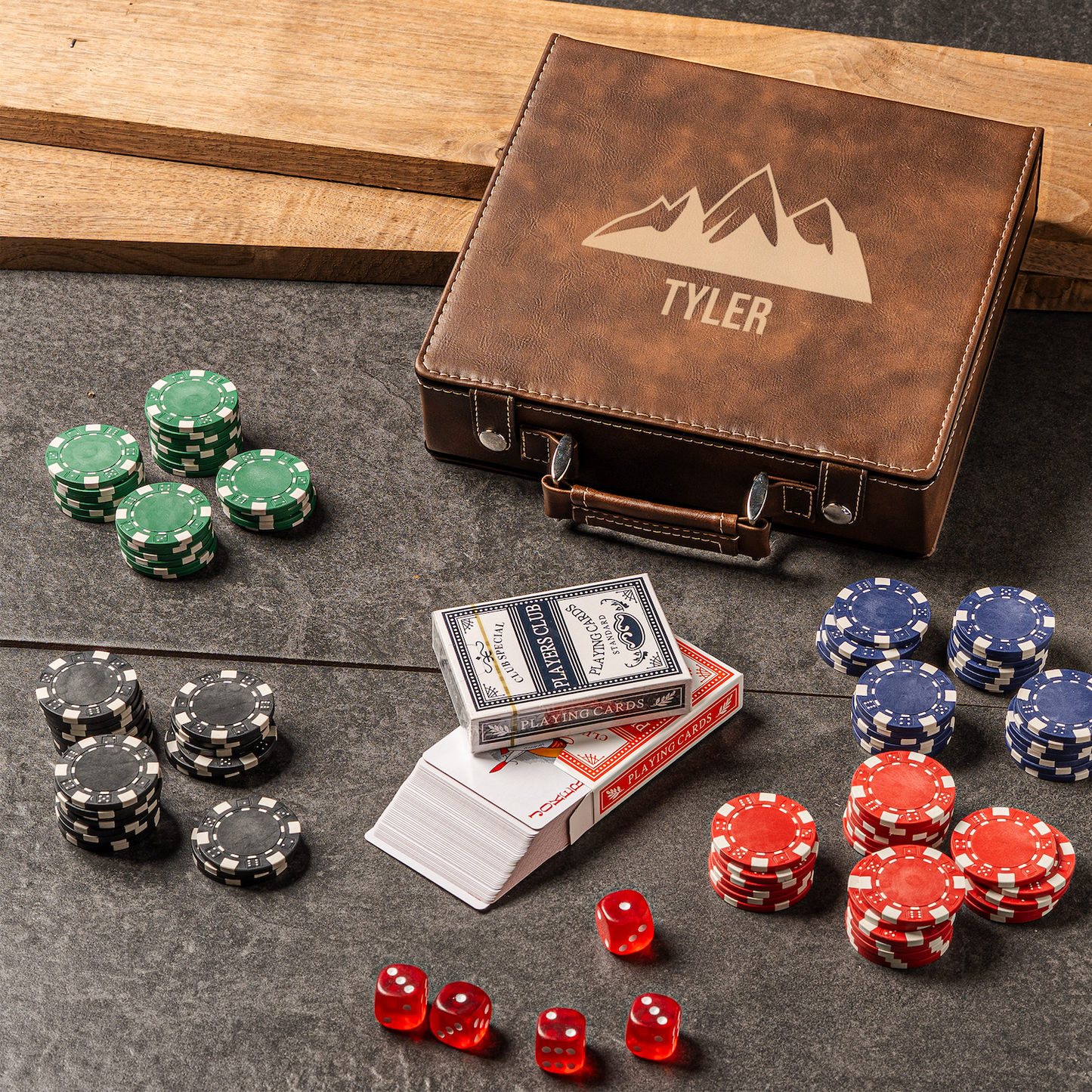 Custom rustic poker case engraving close-up groomsmen gift