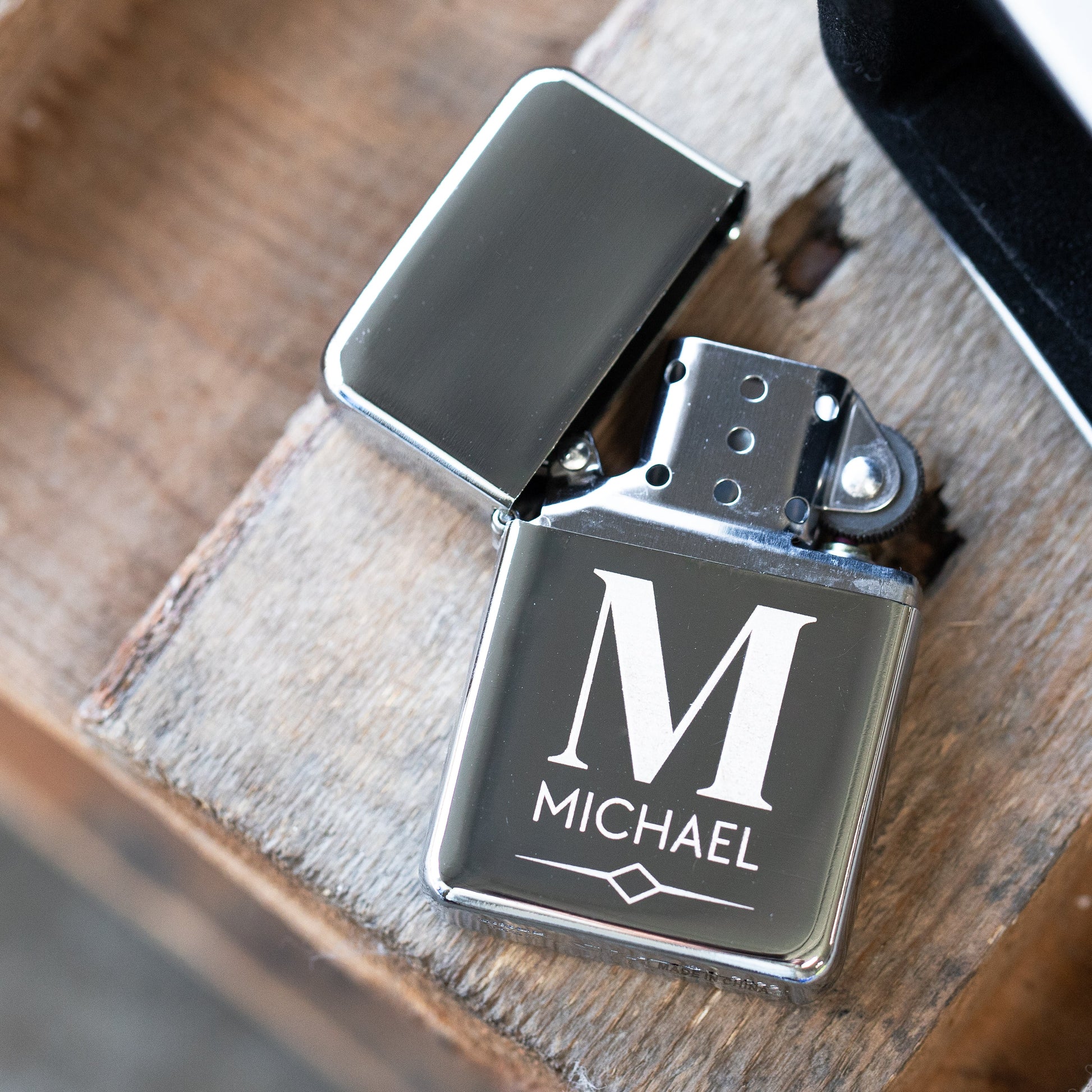 Custom Silver Lighter close-up, personalized groomsmen gift