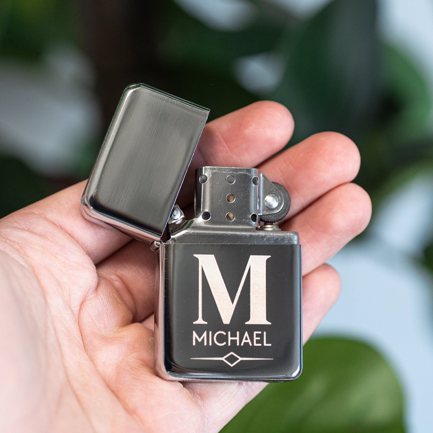Engraved silver flip lighter with tin case, bachelor party gift