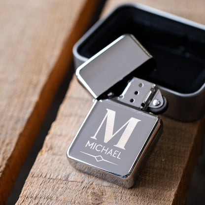 Engraved silver lighter open flip-top, groomsman proposal gift