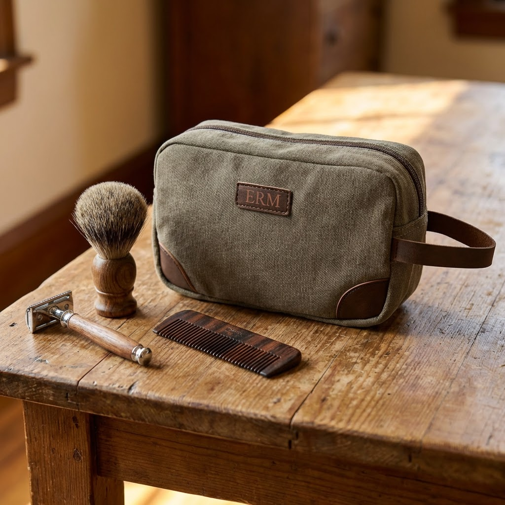 Monogrammed toiletry bag with engraved leather patch, groomsmen travel gift