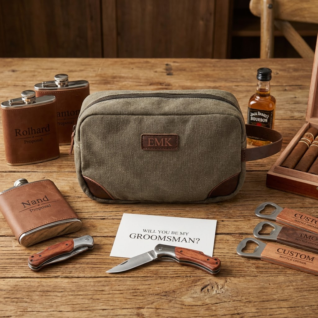 Custom dopp kit toiletry bag close-up, gift for him