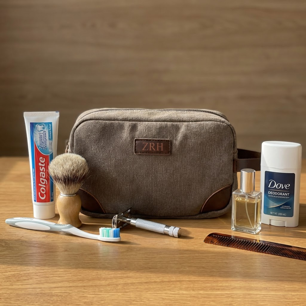 Personalized toiletry bag interior view, wedding party travel gift