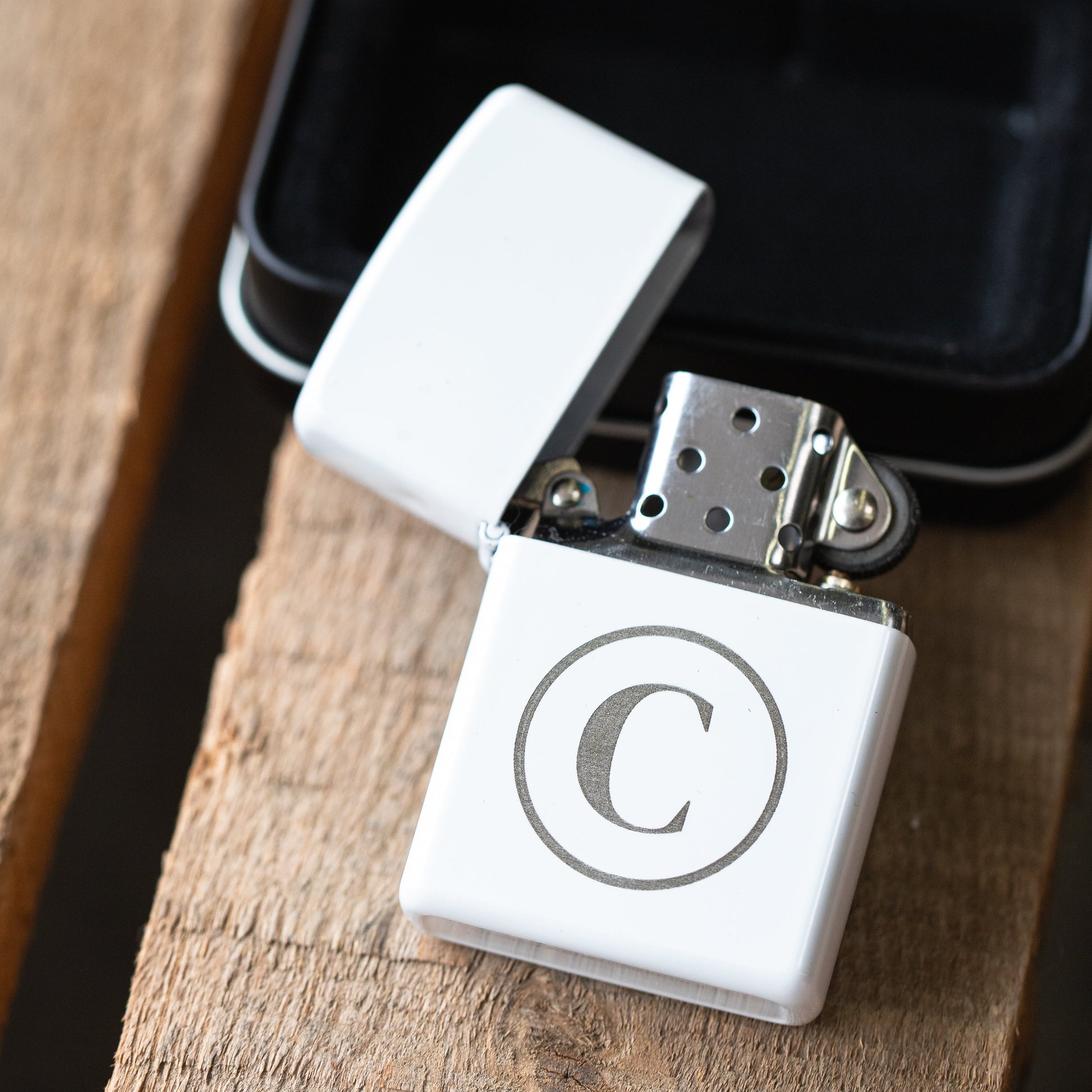 White personalized lighter with tin case bachelor party gift