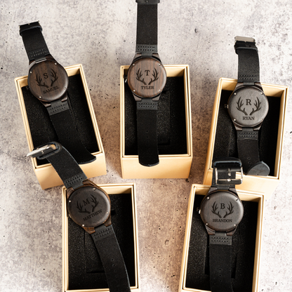 Personalized Dark Brown Wooden Watch Set of 5 - groomsmen gift set