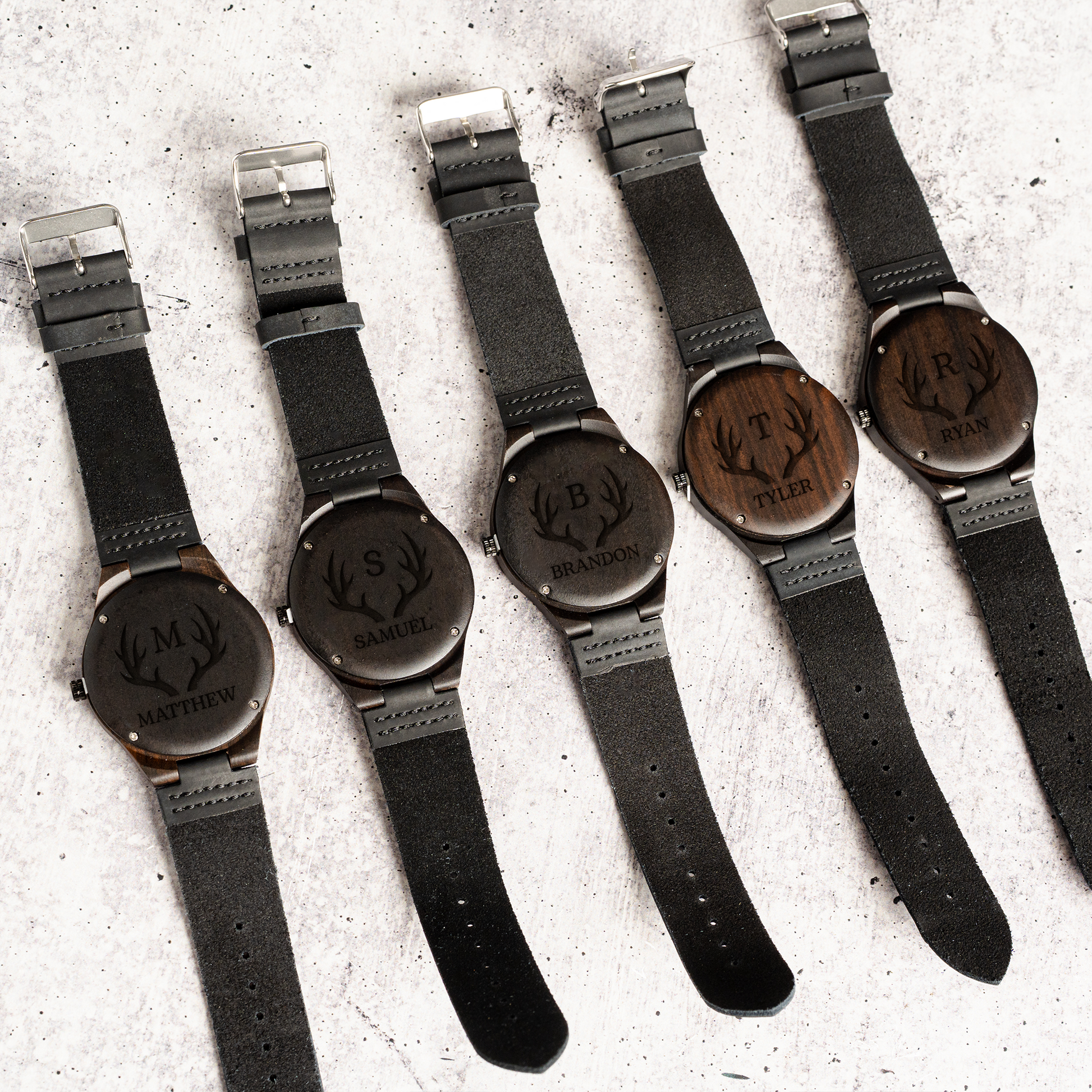 Five dark brown wood watches arranged - wedding party gift set