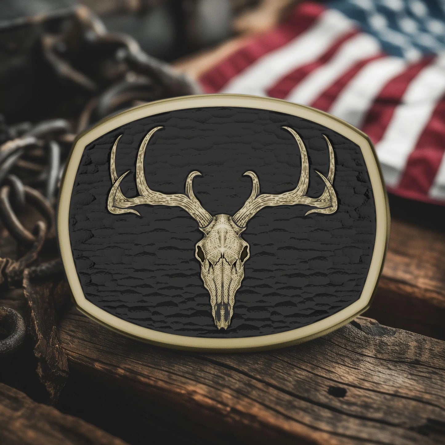 Deer skull belt buckle – brass brushed finish with black background
