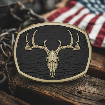 Deer skull belt buckle – brass brushed finish with black background
