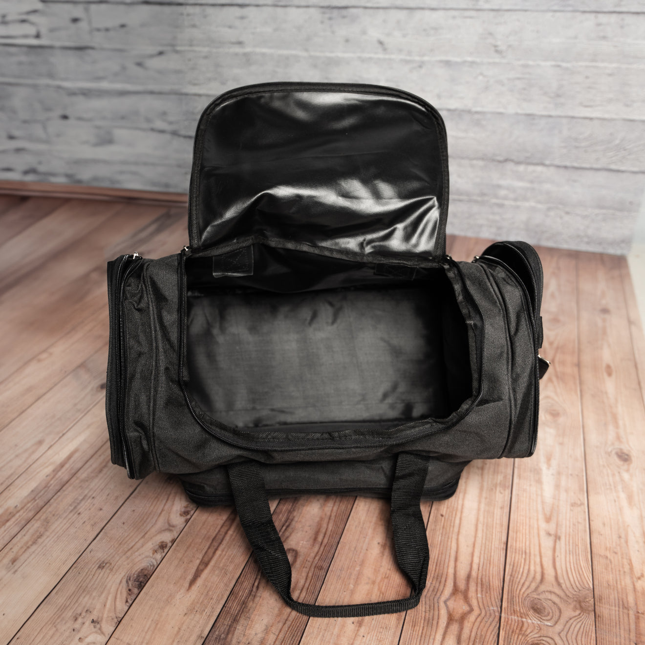 Embroidered Black Duffle Bag side view - custom duffle bag for men